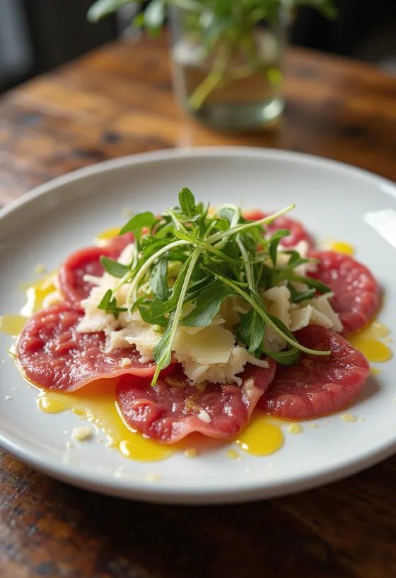 Oxfilé carpaccio serverad med ruccola och parmesan