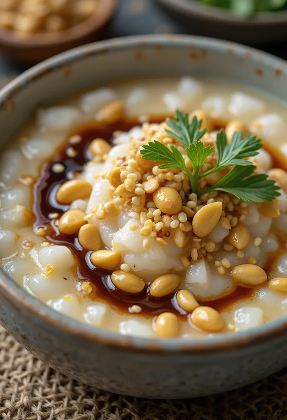 Congee med jordnötter serverad med koriander