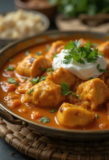 Kyckling tikka masala i krämig tomatsås, garnerad med färsk koriander