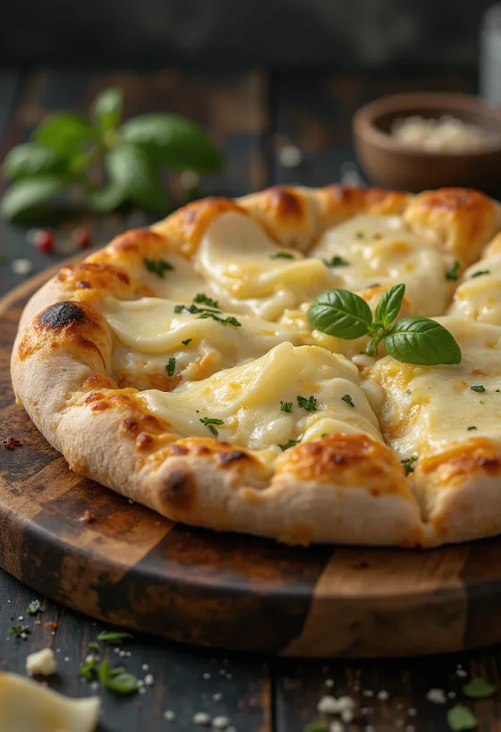 Pizza ai Formaggi serverad med olika ostar och färsk basilika