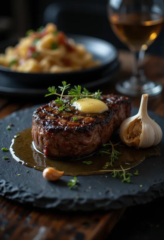 Rib eye steak stekt gyllenbrun, serverad med färska örter och smör