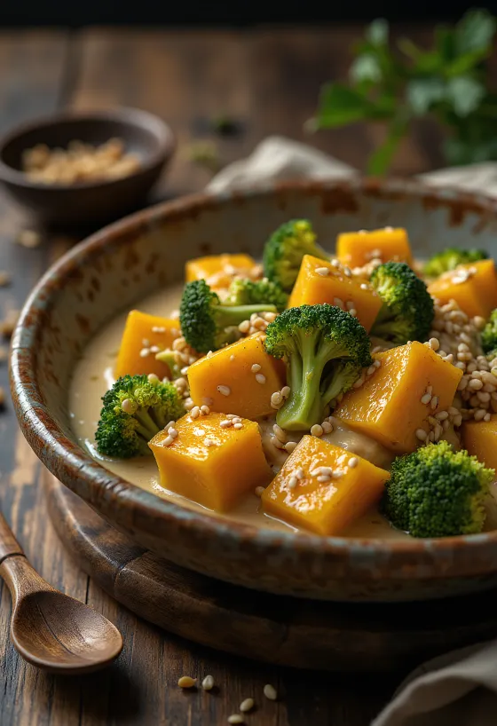 Pumpa- och broccolicurry med tahini