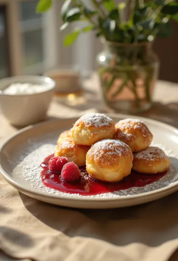 Æbleskiver serverad med hallonsylt och florsocker