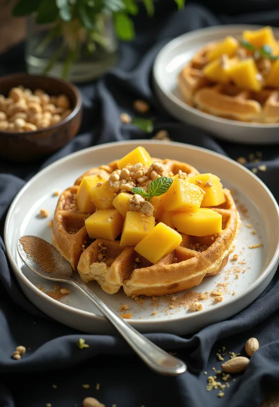Afrikanskinspirerad våffla med mango, jordnötter och limejuice
