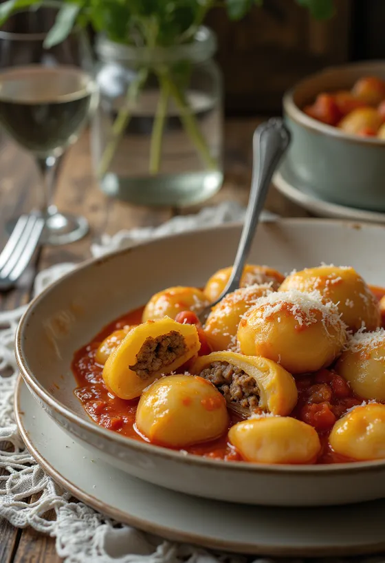 Gnocchi fylld med kött serverad