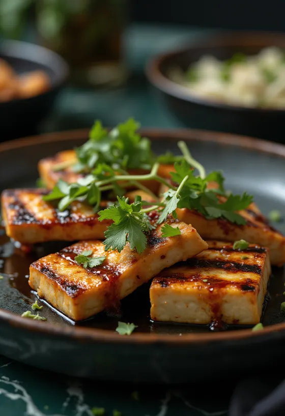 Grillad tofu i kryddig sås serverad