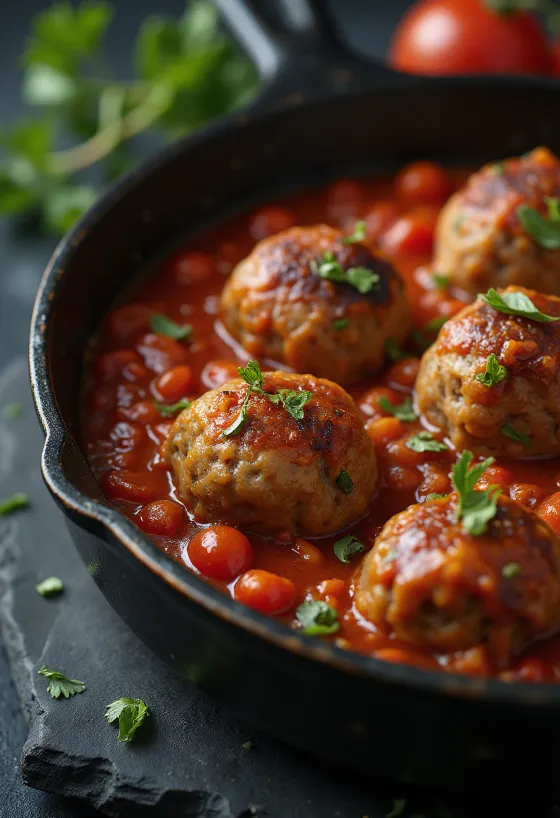Köttbullar i tomatsås serverade