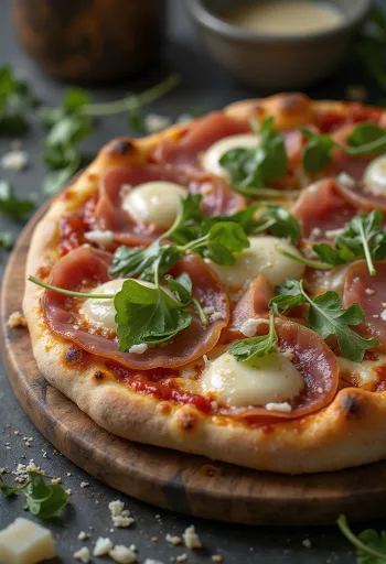 Pizza al Prosciutto Crudo serverad med parmaskinka och ruccola