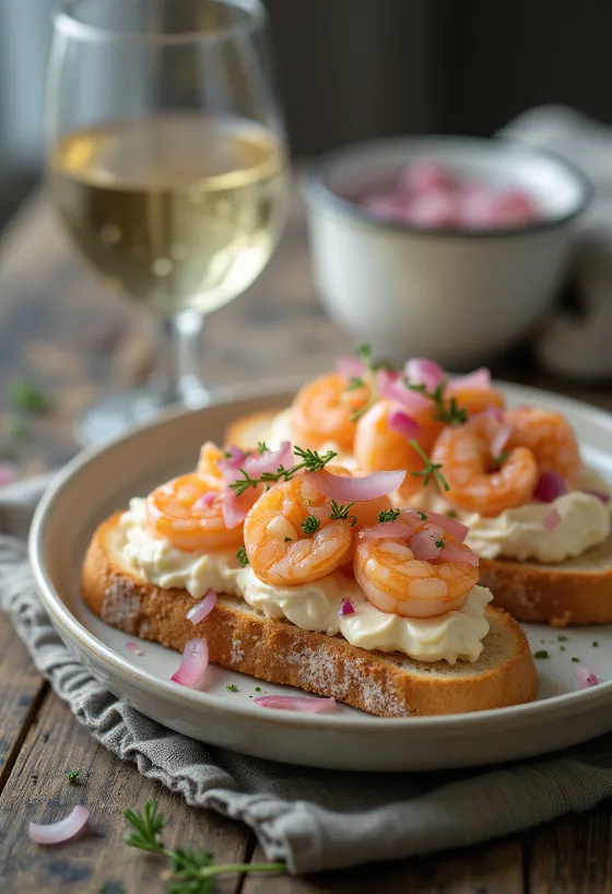 Skagenröra med rödlök, blandning av rökt lax och räkor serverad på rostat bröd