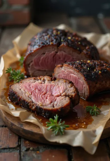 Rökt oxbringa serverad i tunna skivor med barbecuesås och tillbehör