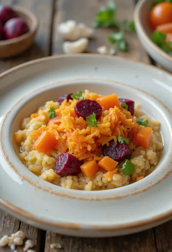 Açorda med grönsaker, i skål dekorerad med persilja