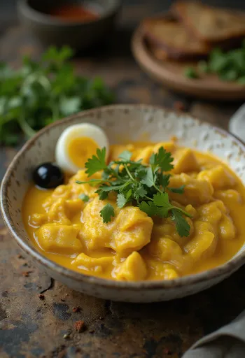 Ají de gallina serverad med koriander i sås