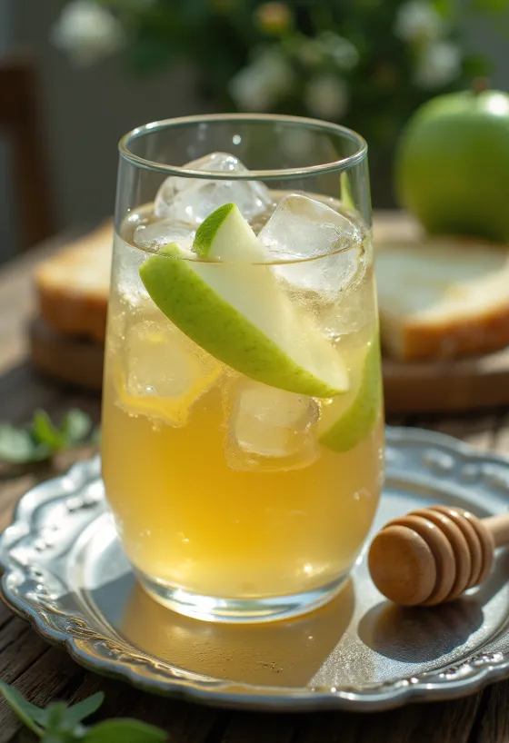 Glas med engelsk torr cider garnerad med mynta och äpple