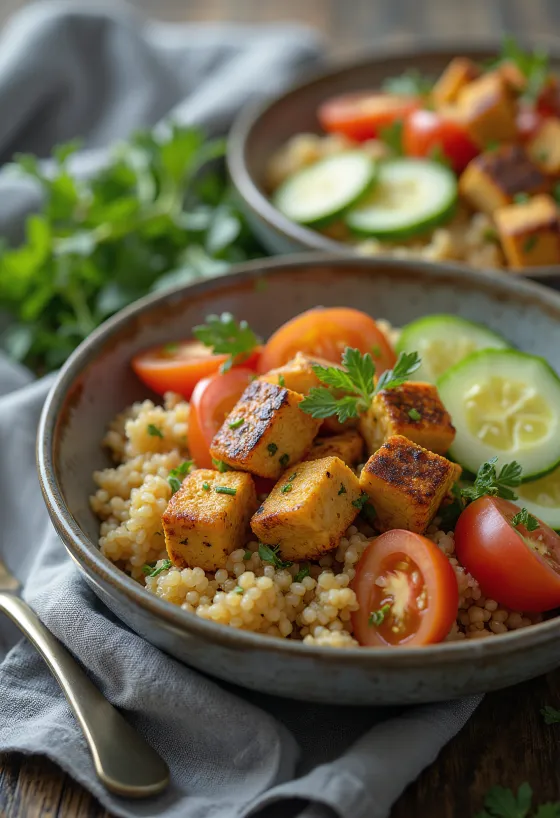 Grillad tofu serverad med quinoasallad