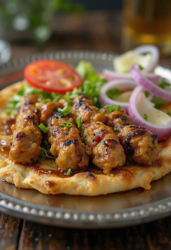 Kebab med vitlök serverad med färskt pitabröd och citronsaft