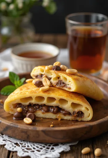 Martabak manis med karamelliserat socker, serverad med jordnötter