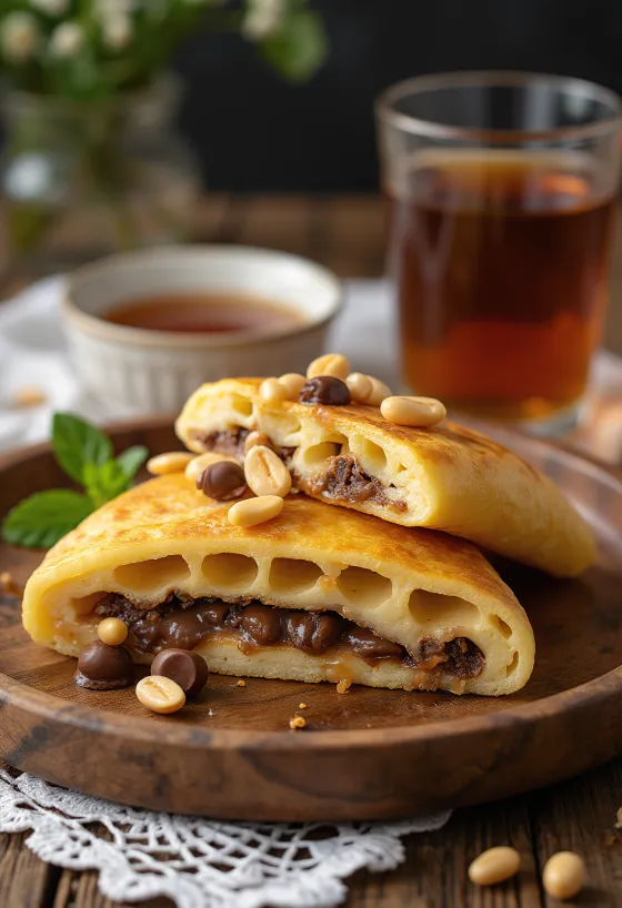 Martabak manis med karamelliserat socker, serverad med jordnötter