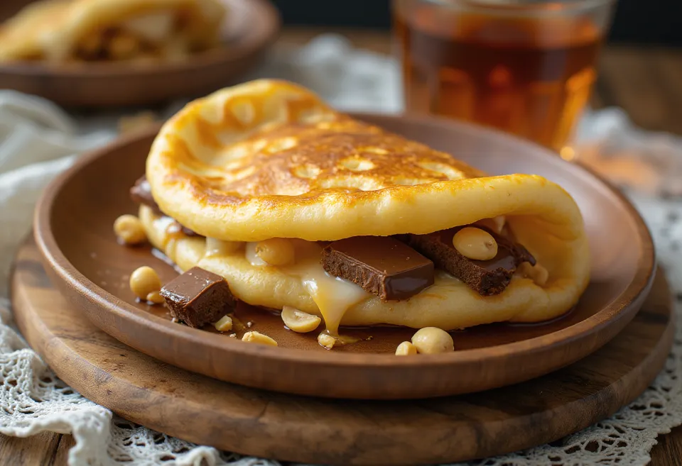 Martabak manis med karamelliserat socker, serverad med jordnötter