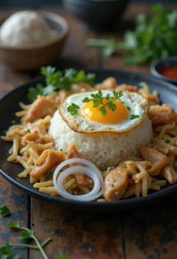 Nasi Campur med ägg, serverad med stekt kyckling och färska grönsaker