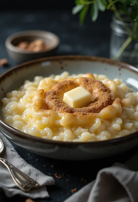 Risengrød i vegansk variant, serverad med kokosmjölk och kanel