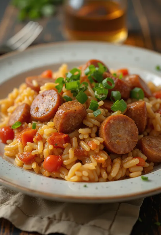 Jambalaya med rökt korv serverad i en skål garnerad med persilja