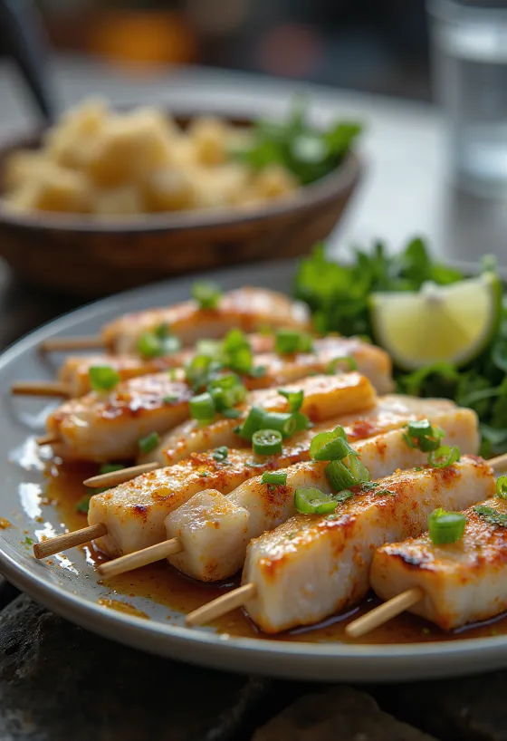 Anticucho de pescado, grillad fisk med lime och färska grönsaker