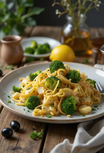 Bacalhau à Brás serverad med broccoli på en rustik tallrik