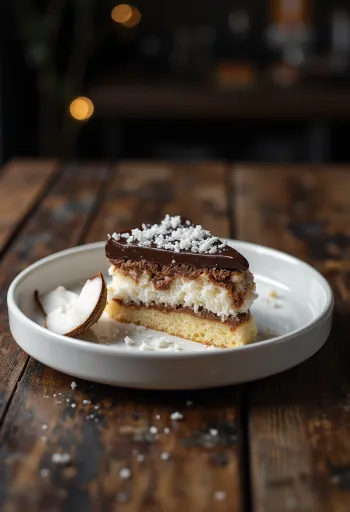 Bounty-tårta dekorerad med chokladglasyr och kokosflingor