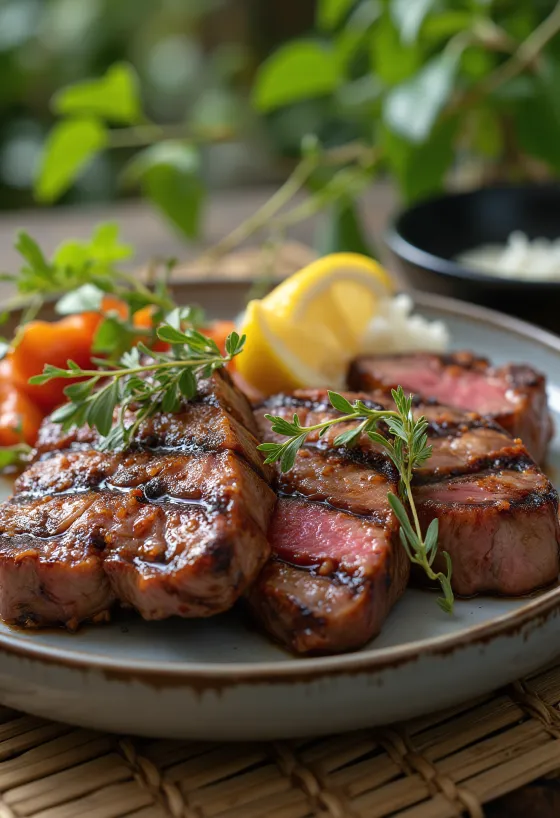 Grillad emustek serverad på rustik tallrik