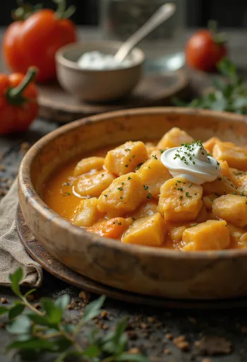 Malpörkölt serverad med kvargpasta (túrós csusza)