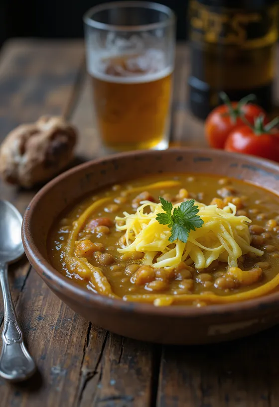 Klassisk Harira soppa med ägg, serverad med rika kött- och grönsaksingredienser