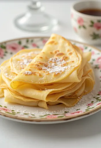 Färska pannkakor stekta gyllenbruna, strödda med florsocker