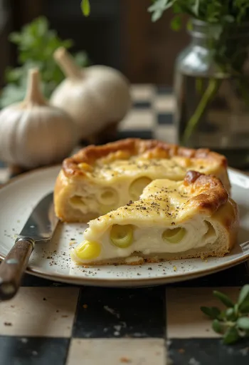 Krämiga vitlöks- och purjolökspajbitar gräddade gyllenbruna, serverade på ljus tallrik