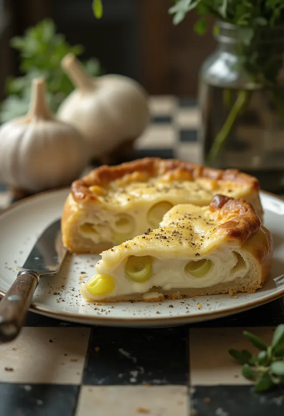 Krämiga vitlöks- och purjolökspajbitar gräddade gyllenbruna, serverade på ljus tallrik