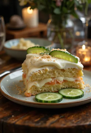 Smörgåstårta med gurkskivor och dilldekoration, serverad med skandinaviska smaker