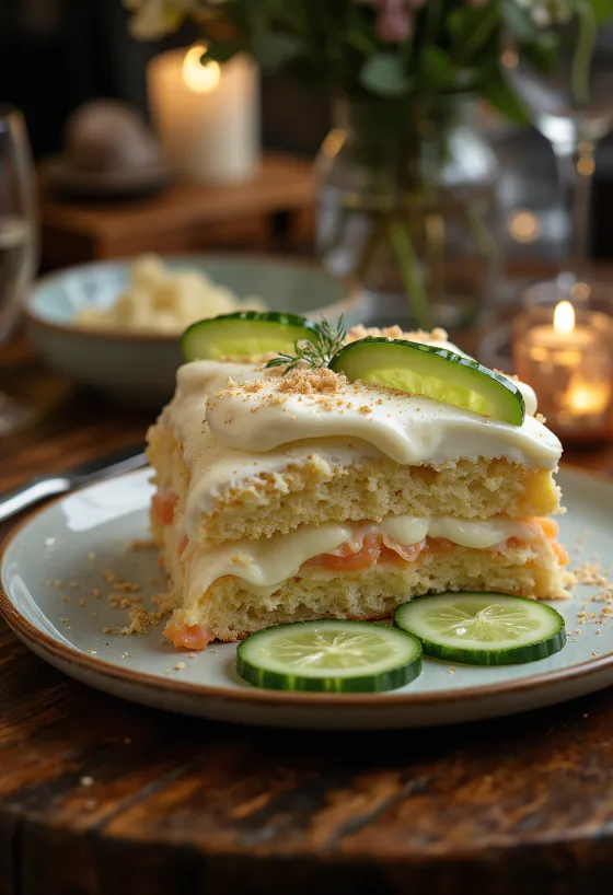 Smörgåstårta med gurkskivor och dilldekoration, serverad med skandinaviska smaker