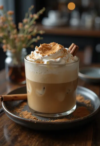 Kanel- och myntafrappé kaffedryck dekorerad med vispgrädde, kanelstång och myntablad