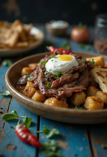 Iskender kebab med lamm serverad med yoghurt-vitlöksdressing och rostat pitabröd