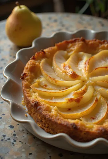 Päronkaka uppskuren på fat