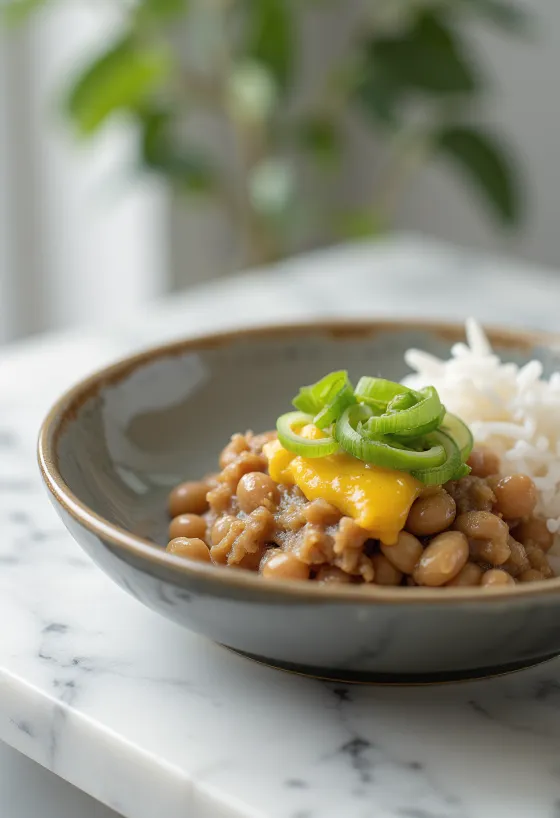 Nattó med senap och koriander serverad