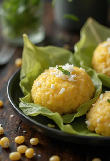 Pamonha com coco ralado, majsdegsbollar serverade med kokosflingor och smör