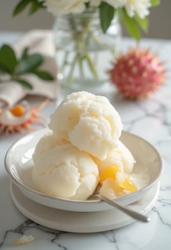 Rambutansorbet serverad i skål