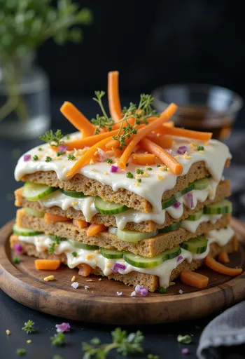 Smörgåstårta vegansk, med potatispuré, vegankvarg och grönsaker