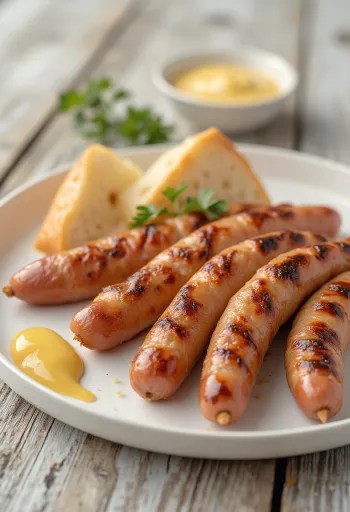 Gyllenbrunt stekt korv med krispigt skinn, serverad med senap och färskt bröd.