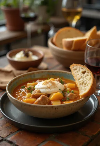 Traditionell Székelygulyás med saftigt fläskkött och surkål, serverad med gräddfil.