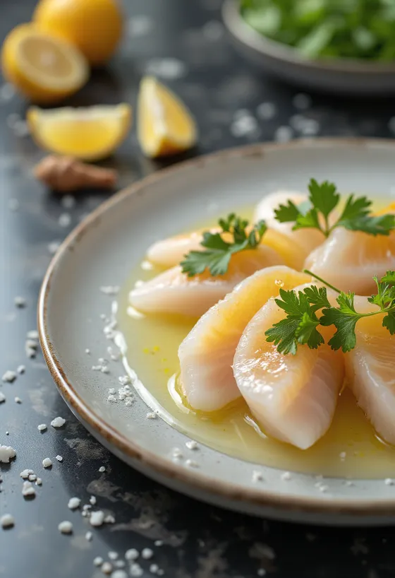 Tiradito med yuzusås, färska fiskskivor med chili, koriander och limegarnering