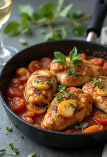 Cacciatore-kyckling med vitlök, serverad med tomatsås och oliver