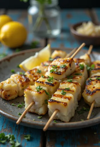 Grillat alligatorkött serverat med citron och grillade grönsaker