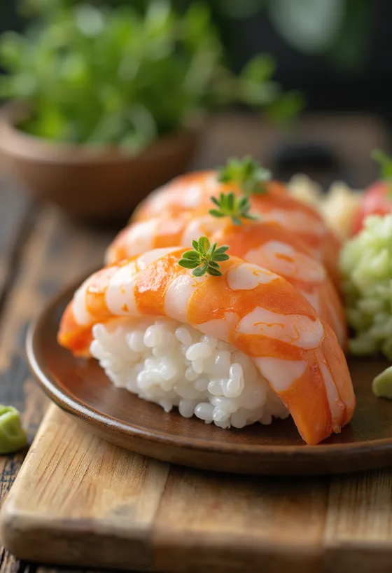 Nigiri med räkor serverad, med färska räkskivor och wasabi