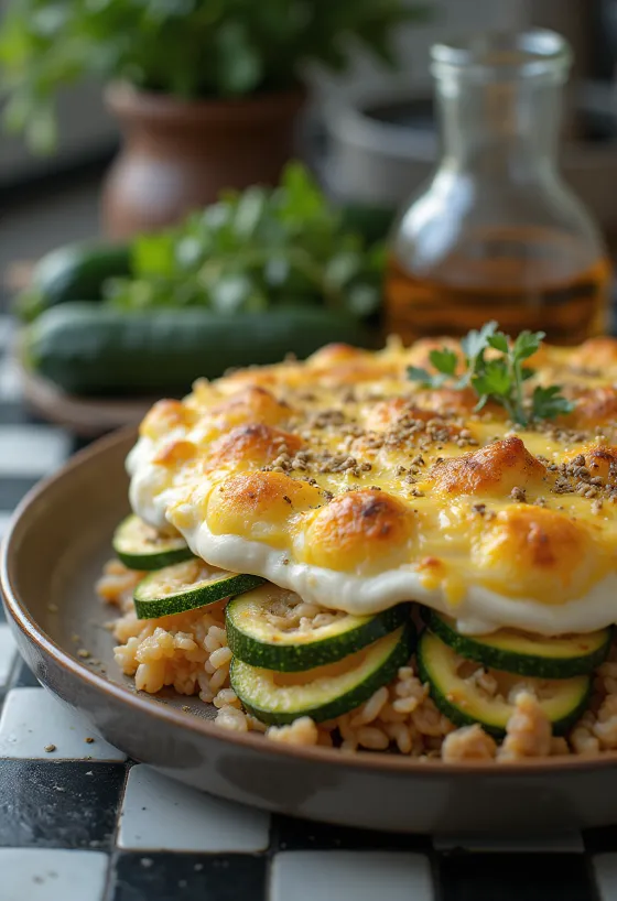 Zucchinigratäng med färs och ris, gräddad gyllenbrun